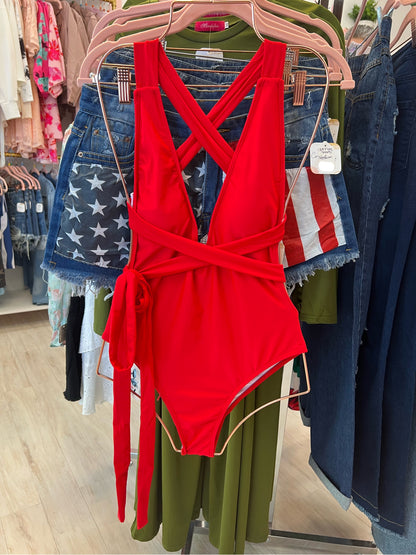 One Piece Lace-Up Swimsuit (Red)