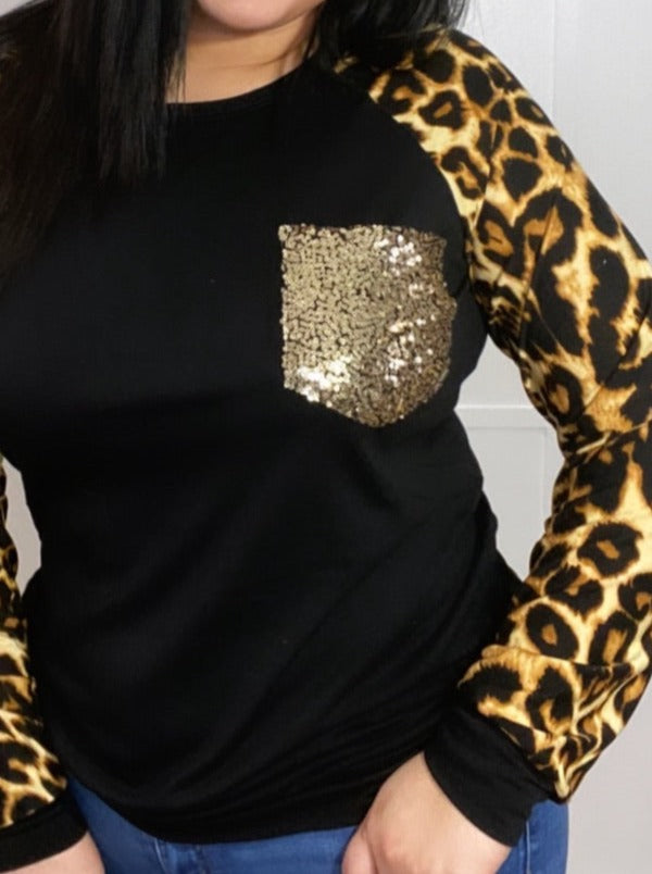 Leopard Print & Sequin Pocket Top